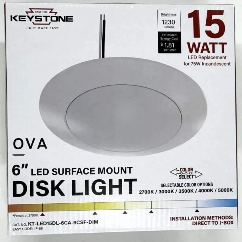 Keystone KT-LED15DL-6CA-9CSFDIM-B OVA Series Surface Mount Disk Light 15W 6 Inch