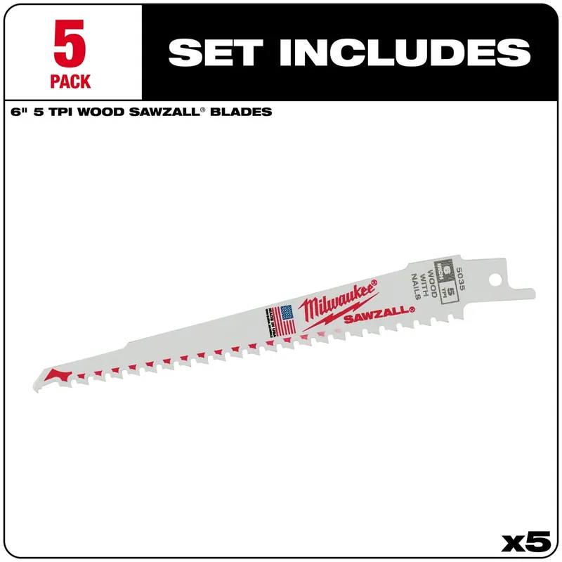 Milwaukee 48-00-5035 6 inches 5 TPI Sawzall Blades (5 Pk)