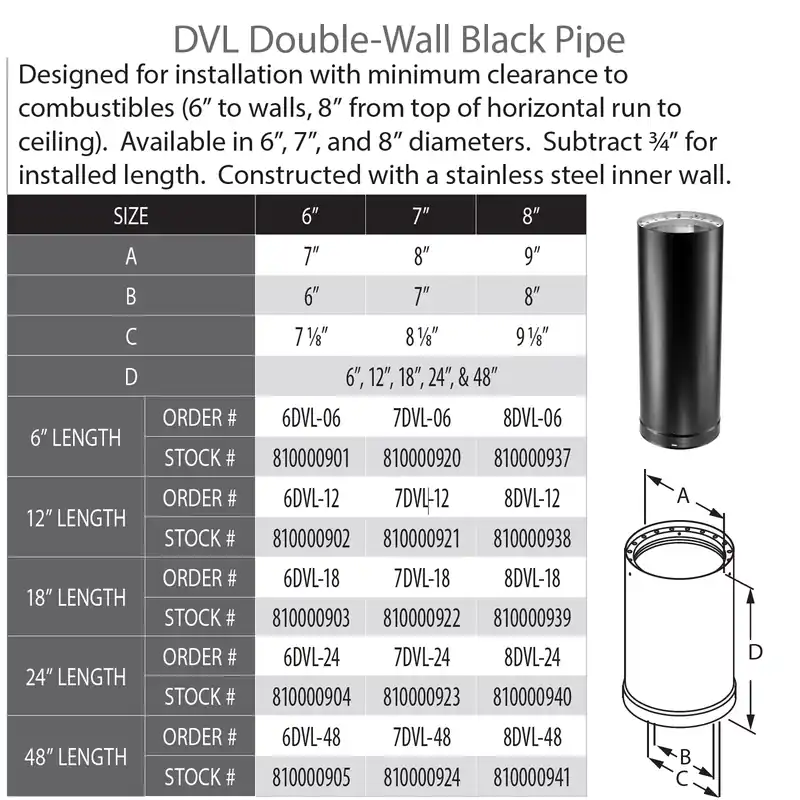 Duravent 8DVL-12 DVL Stove Pipe 8 in x 12 in