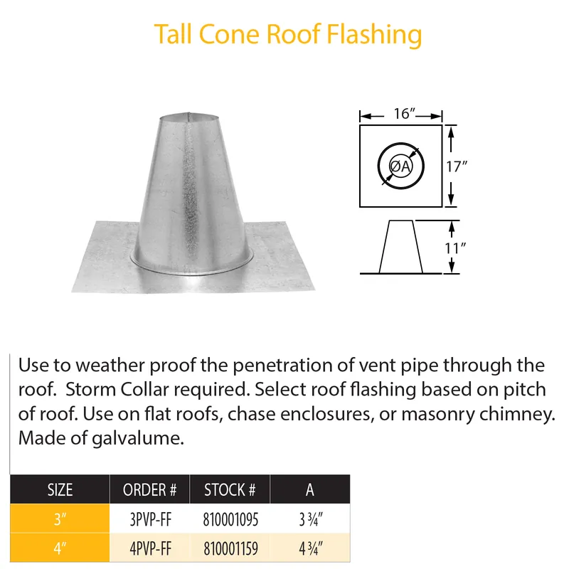 Duravent 4PVP-FF Pellet Vent Pro 4 inch Diameter Tall Cone Roof Flashing