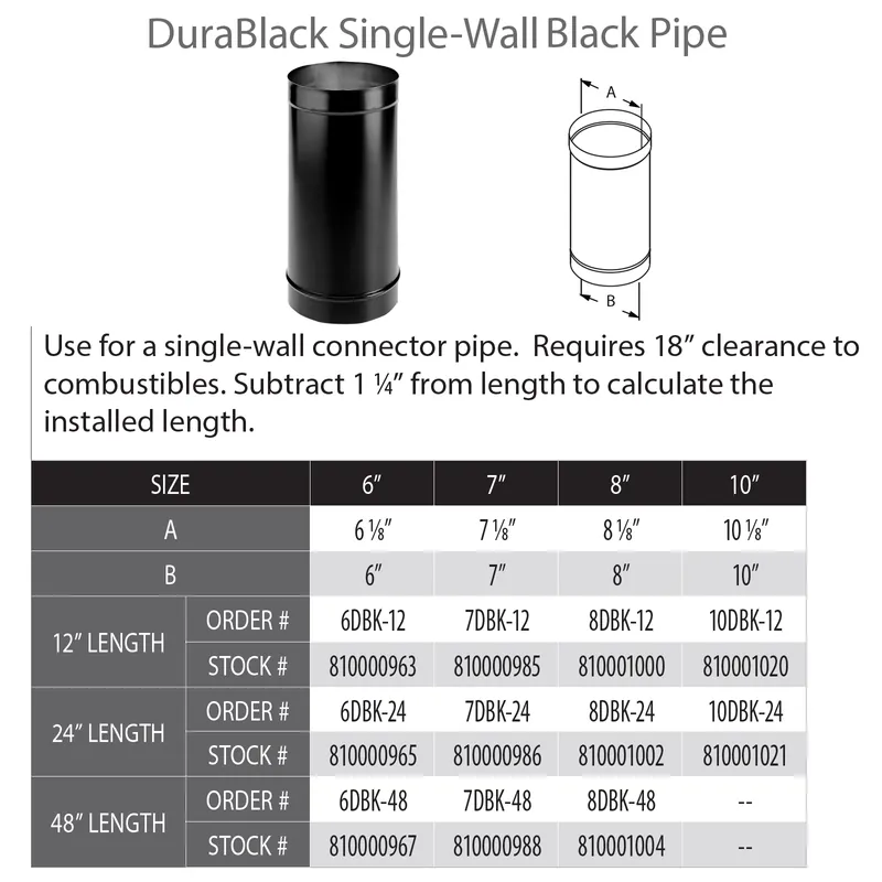 Duravent 6DBK-48 DuraBlack Single Wall Wood Burning Black Stove Pipe 48-Inch 6 Inch Diameter