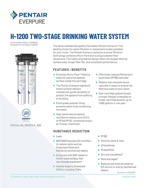 Pentair EV9282-00 Everpure H-1200 Drinking Water System 1,000 Gallon Capacity