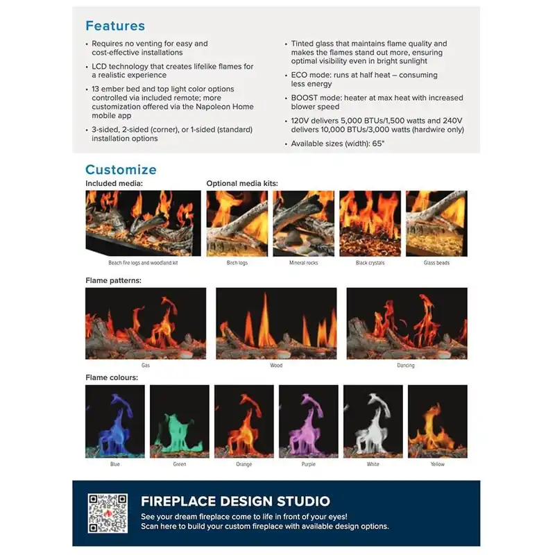 Napoleon Hearth NEFL65LCD-3SV Luminex 65 inch LCD Virtual Smart Multi-Sided Built In Electric Fireplace