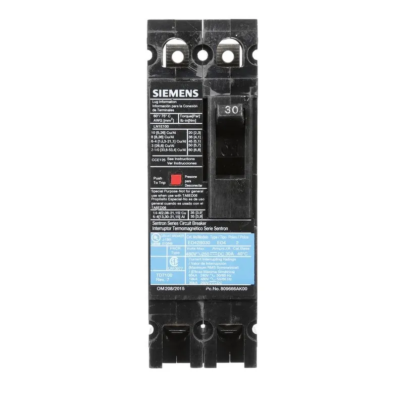 Siemens ED42B030 ED4 Breaker 2-Pole 30 Amp 480 VAC 18 kA Circuit Breaker Lug