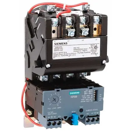 Siemens 14CUA32AA Heavy Duty Motor Starter, Solid State Overload, Auto/Manual Reset, Open Type, Standard Width Enclosure, 3 Phase, 3 Pole, 0 NEMA Size, 0.25-1A Amp Range, A Frame Size, 110-120/220-240 at 60Hz Coil Voltage