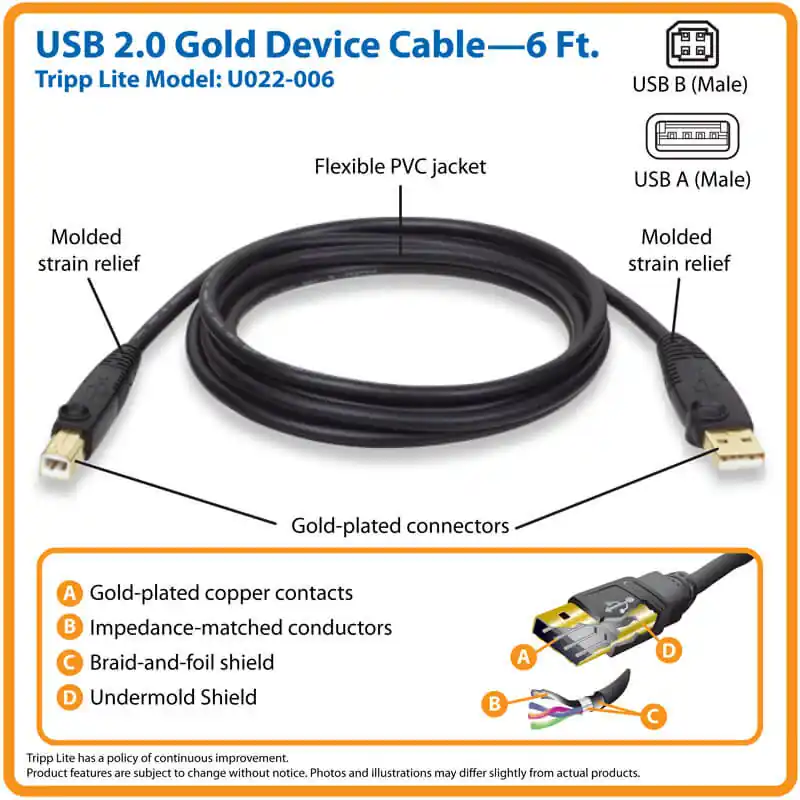 Tripp Lite U022-006 USB 2.0 A to B Cable 6 ft.