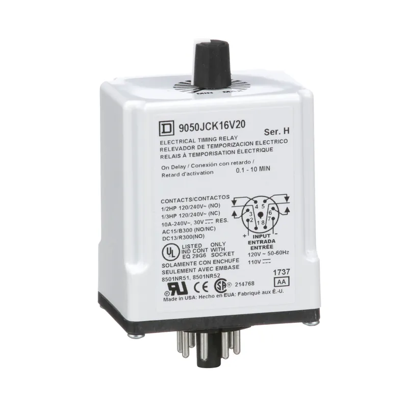 Square D 9050JCK16V20 120 VAC 110 VDC Coil 10 Amp DPDT Plug-In Socket Mount AC/DC Timing Relay