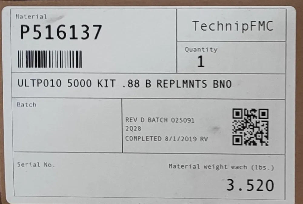 Fmc P516137 Repair Kit 2” Plug Valve 2X1ULT 150