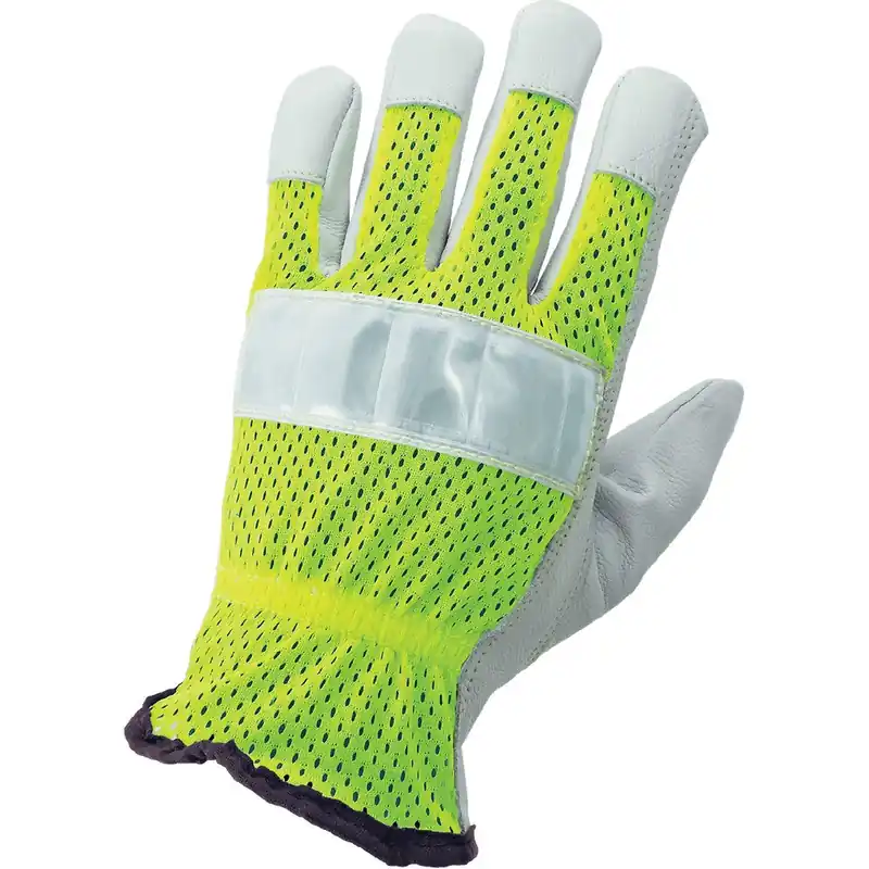 Global Glove 3100GHV-2XL High-Visibility Mesh Back Premium Goatskin Leather Palm Drivers Style Gloves
