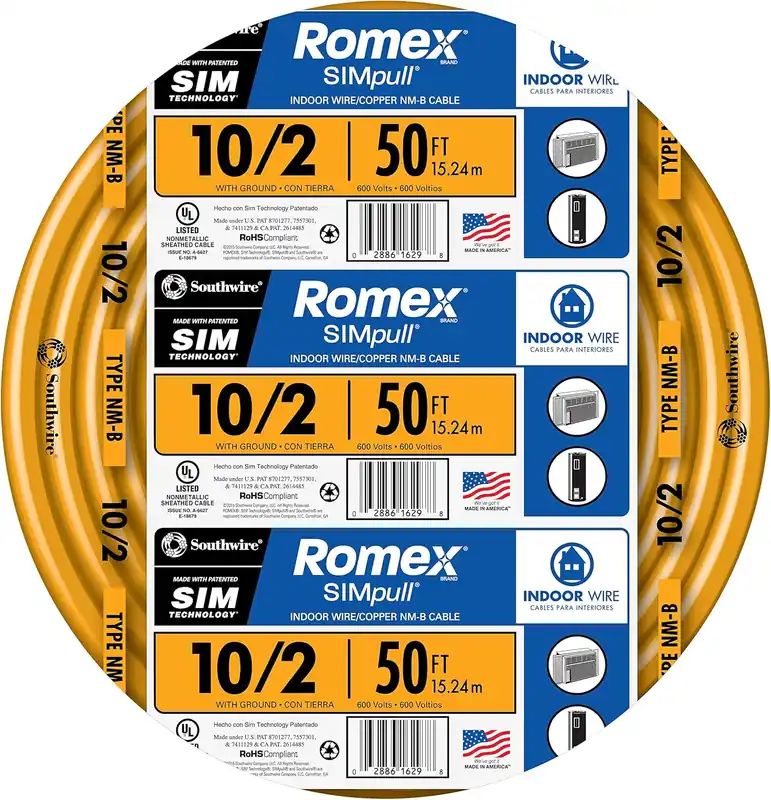 Southwire 28829022 Romex Brand Simpull Solid Indoor 10/2 W/G NMB Cable 50ft coil