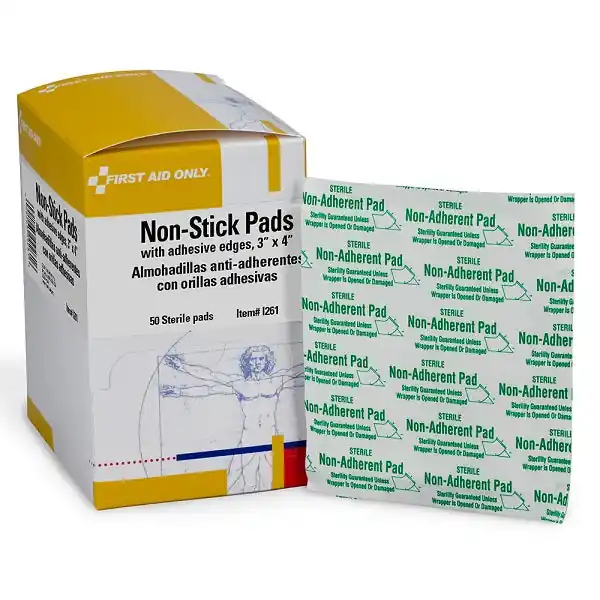 First Aid I261 Non-Stick Pads w/ Adhesive Edges 3 inches x 4 inches, 50/Box