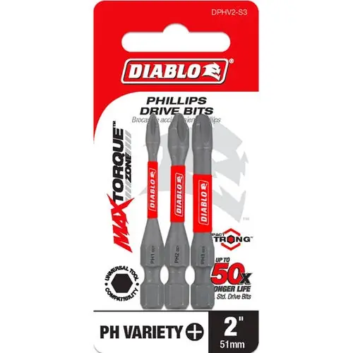 Freud DPHV2-S3 Diablo 2 in. Phillips Drive Bit Assorted Pack (3-Piece)