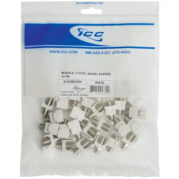 Icc IC107BFCWH F-Type Modular Jack, Nickel-Plated Connector, HD Style, White, 25-Pack