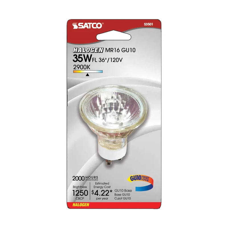 Satco S3501 Bulb, Halogen, 35W, MR16, Sub Minature 2 Pin GU10 Base, MR, Flood