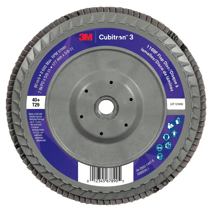 Cubitron 7100380495 3 Flap Disc 1169F, 40+, T29-Conical Quick Change, 7 in x 5/8 in-11, 5 ea/Case