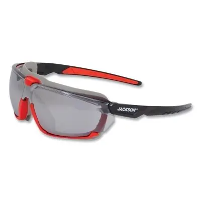 Jackson Safety 45203 Hyperguard Safety Glasses, Mirror, Polycarbonate, Black Gasketed Frame, Red Temple